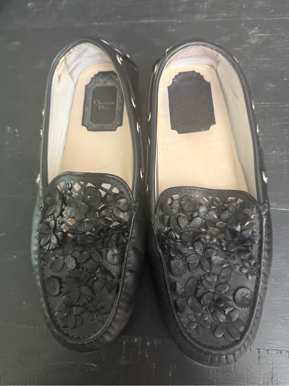 Christian Dior Cannage Pattern Black Leather Moccasins Women's Size 34 US Size 4